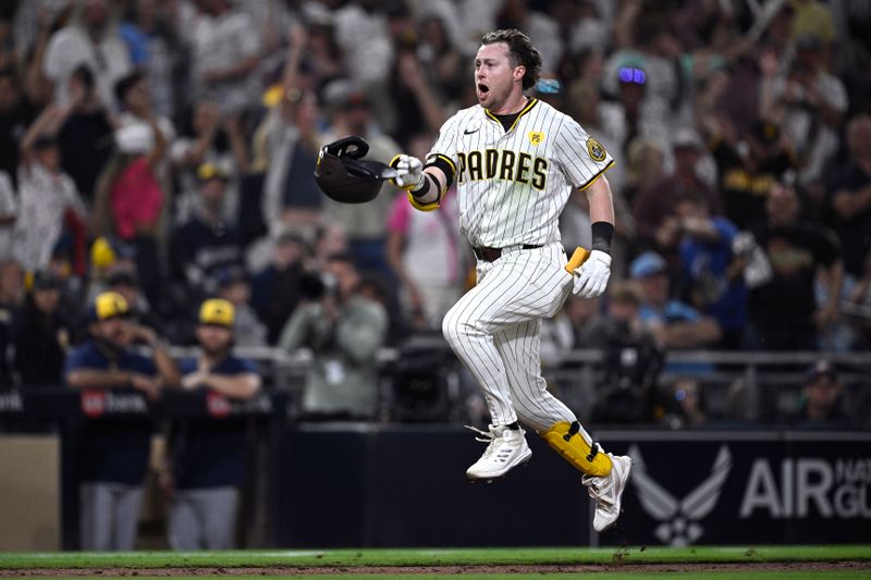 Jun 20, 2024; San Diego, California, USA; San Diego Padres second baseman Jake Cronenworth (9) tosses his helmet after hitting a walk-off home run during the ninth inning against the Milwaukee Brewers at Petco Park. Mandatory Credit: Orlando Ramirez-USA TODAY Sports