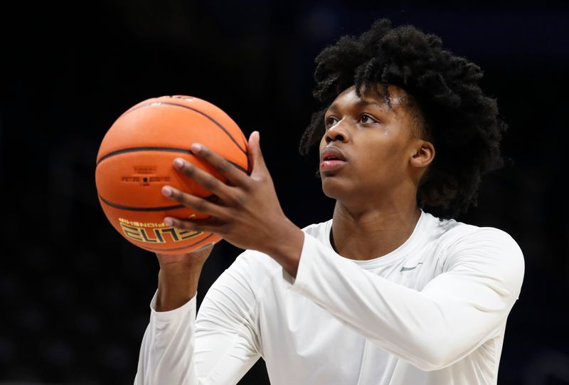 Dec 20, 2023; Pittsburgh, Pennsylvania, USA; Pittsburgh Panthers guard Carlton Carrington (7) warms up before the game against the IPFW Mastodons at the Petersen Events Center. Mandatory Credit: Charles LeClaire-USA TODAY Sports