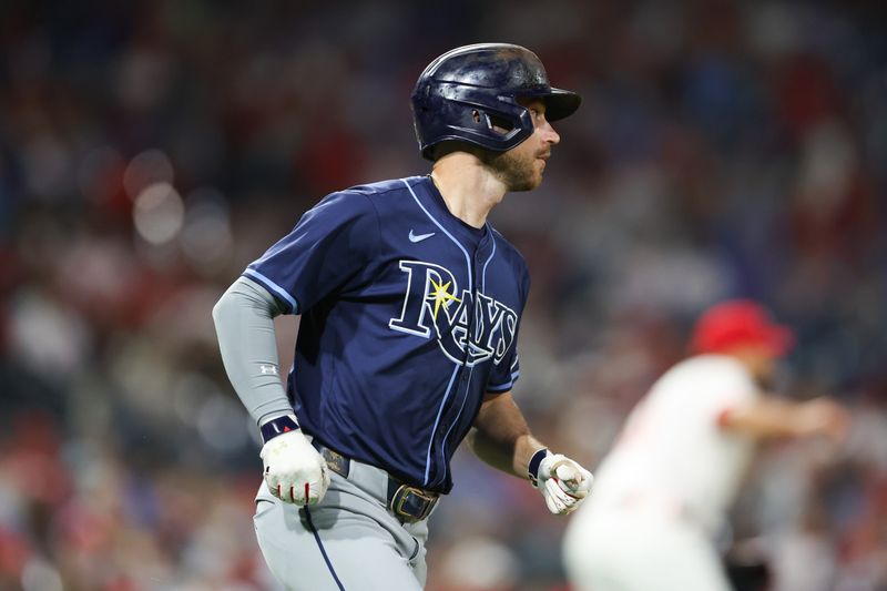 Sep 9, 2024; Philadelphia, Pennsylvania, USA; Tampa Bay Rays second base Brandon Lowe (8) runs the bases after hitting a home run during the ninth inning against the Philadelphia Phillies at Citizens Bank Park. Mandatory Credit: Bill Streicher-Imagn Images