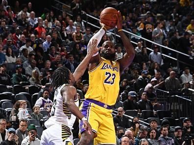 LAS VEGAS, NV - DECEMBER 9: LeBron James #23 of the Los Angeles Lakers shoots the ball during the game against the Indiana Pacers during the In-Season Tournament Championship game on December 9, 2023 at T-Mobile Arena in Las Vegas, Nevada. NOTE TO USER: User expressly acknowledges and agrees that, by downloading and or using this photograph, User is consenting to the terms and conditions of the Getty Images License Agreement. Mandatory Copyright Notice: Copyright 2023 NBAE (Photo by Andrew D. Bernstein/NBAE via Getty Images)