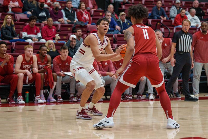 Feb 23, 2023; Stanford, California, USA;  Stanford Cardinal forward Brandon Angel (23) shoots the ball against Washington State Cougars forward DJ Rodman (11) during the first half at Maples Pavilion. Mandatory Credit: Neville E. Guard-USA TODAY Sports