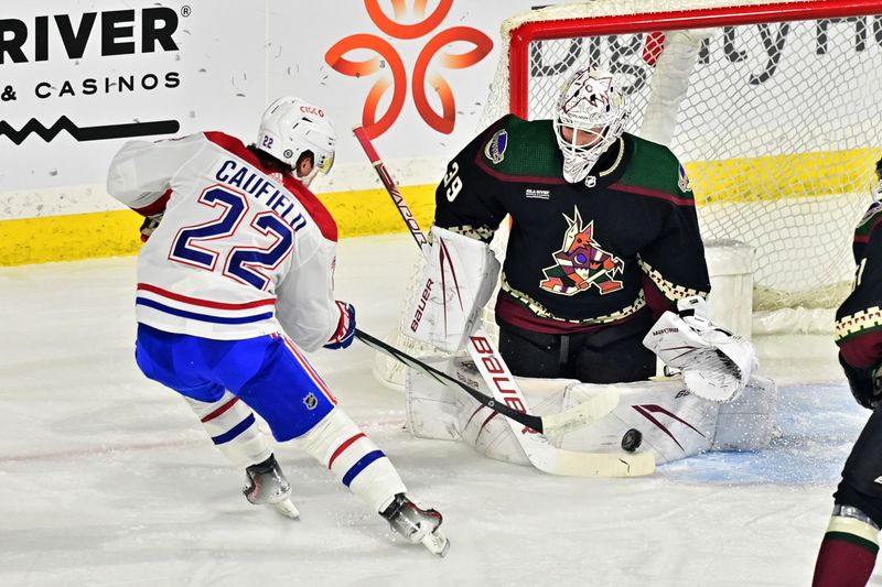 Nov 2, 2023; Tempe, Arizona, USA;  Montreal Canadiens right wing Cole Caufield (22) picks up his own rebound and shoots again on Arizona Coyotes goaltender Connor Ingram (39) in the first period at Mullett Arena. Mandatory Credit: Matt Kartozian-USA TODAY Sports