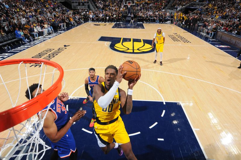 INDIANAPOLIS, IN - NOVEMBER 10:  Bennedict Mathurin #00 of the Indiana Pacers shoots the ball during the game against the New York Knicks during a regular season game on November 10, 2024 at Gainbridge Fieldhouse in Indianapolis, Indiana. NOTE TO USER: User expressly acknowledges and agrees that, by downloading and or using this Photograph, user is consenting to the terms and conditions of the Getty Images License Agreement. Mandatory Copyright Notice: Copyright 2024 NBAE (Photo by Ron Hoskins/NBAE via Getty Images)