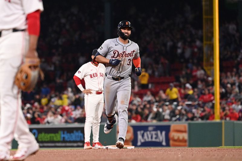 May 30, 2024; Boston, Massachusetts, USA; Detroit Tigers center fielder Riley Greene (31) runs the bases after hitting a two run home run during the eighth inning against the Boston Red Sox at Fenway Park. Mandatory Credit: Eric Canha-USA TODAY Sports