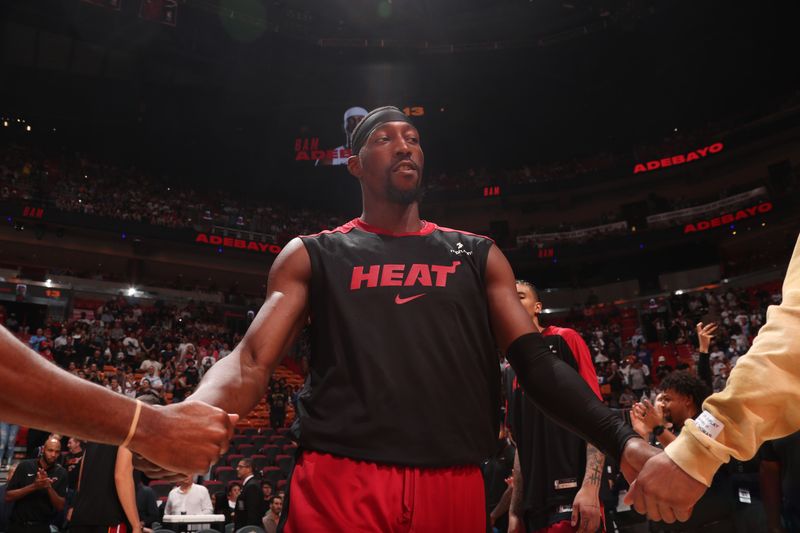 MIAMI, FL - OCTOBER 30: Bam Adebayo #13 of the Miami Heat is introduced before the game against the New York Knicks on October 30, 2024 at Kaseya Center in Miami, Florida. NOTE TO USER: User expressly acknowledges and agrees that, by downloading and or using this Photograph, user is consenting to the terms and conditions of the Getty Images License Agreement. Mandatory Copyright Notice: Copyright 2024 NBAE (Photo by Issac Baldizon/NBAE via Getty Images)