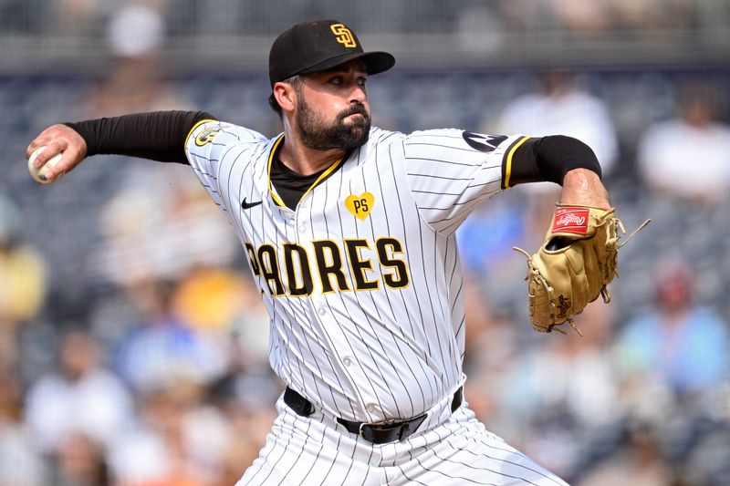 Aug 21, 2024; San Diego, California, USA; San Diego Padres starting pitcher Matt Waldron (61) pitches against the Minnesota Twins during the first inning at Petco Park. Mandatory Credit: Orlando Ramirez-USA TODAY Sports