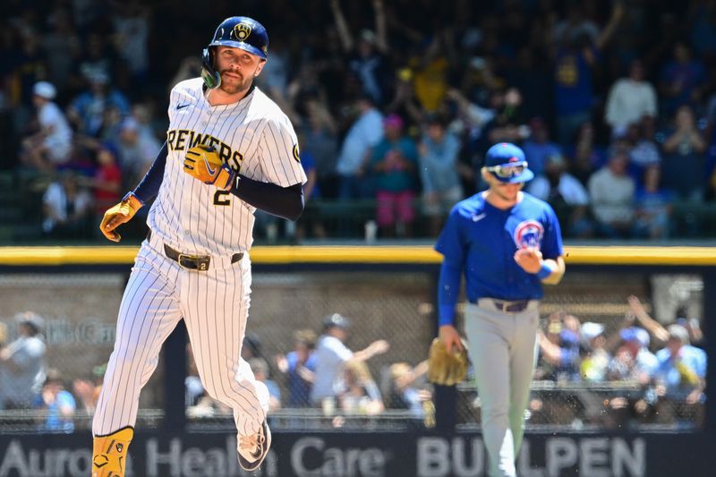 Jun 30, 2024; Milwaukee, Wisconsin, USA;  Milwaukee Brewers second baseman Brice Turang (2) runs the bases after hitting a grand slam home run in the fourth inning against the Chicago Cubs at American Family Field. Mandatory Credit: Benny Sieu-USA TODAY Sports