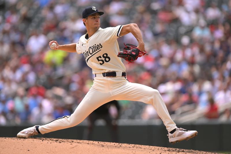 Jul 24, 2024; Minneapolis, Minnesota, USA;  Minnesota Twins starting pitcher David Festa (58) delivers against the Philadelphia Phillies during the second inning at Target Field. Mandatory Credit: Nick Wosika-USA TODAY Sports