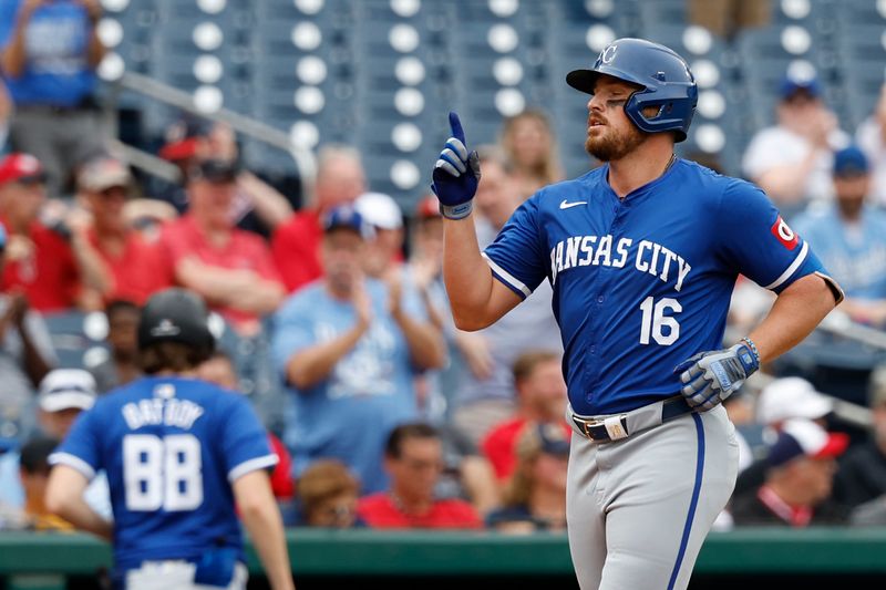 Sep 26, 2024; Washington, District of Columbia, USA; Kansas City Royals outfielder Hunter Renfroe (16) celebrates while crossing home plate after hitting a solo home run against the Washington Nationals during the second inning at Nationals Park. Mandatory Credit: Geoff Burke-Imagn Images