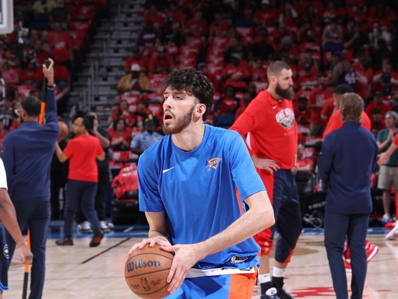 NEW ORLEANS, LA - APRIL 27: Josh Giddey #3 of the Oklahoma City Thunder warms up before the game against the New Orleans Pelicans during Round 1 Game 3 of the 2024 NBA Playoffs on April 27, 2024 at the Smoothie King Center in New Orleans, Louisiana. NOTE TO USER: User expressly acknowledges and agrees that, by downloading and or using this Photograph, user is consenting to the terms and conditions of the Getty Images License Agreement. Mandatory Copyright Notice: Copyright 2024 NBAE (Photo by Jeff Haynes/NBAE via Getty Images)