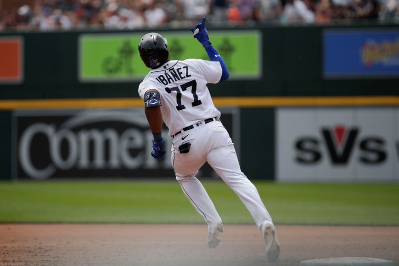 Jul 23, 2023; Detroit, Michigan, USA; Detroit Tigers infielder Andy Ib    ez (77) points to the crowd after hitting a home run during the game against the San Diego Padres at Comerica Park. Mandatory Credit: Brian Bradshaw Sevald-USA TODAY Sports