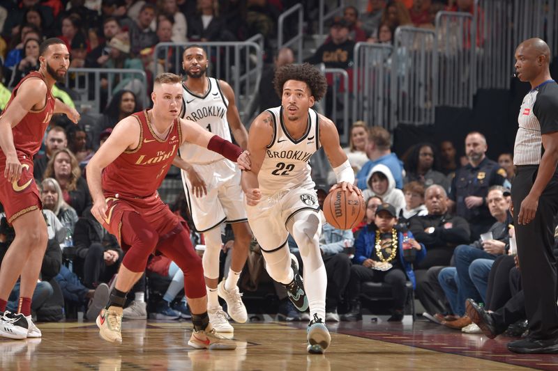 CLEVELAND, OH - MARCH 10: Jalen Wilson #22 of the Brooklyn Nets dribbles the ball during the game against the Cleveland Cavaliers on March 10, 2024 at Rocket Mortgage FieldHouse in Cleveland, Ohio. NOTE TO USER: User expressly acknowledges and agrees that, by downloading and/or using this Photograph, user is consenting to the terms and conditions of the Getty Images License Agreement. Mandatory Copyright Notice: Copyright 2024 NBAE (Photo by David Liam Kyle/NBAE via Getty Images)