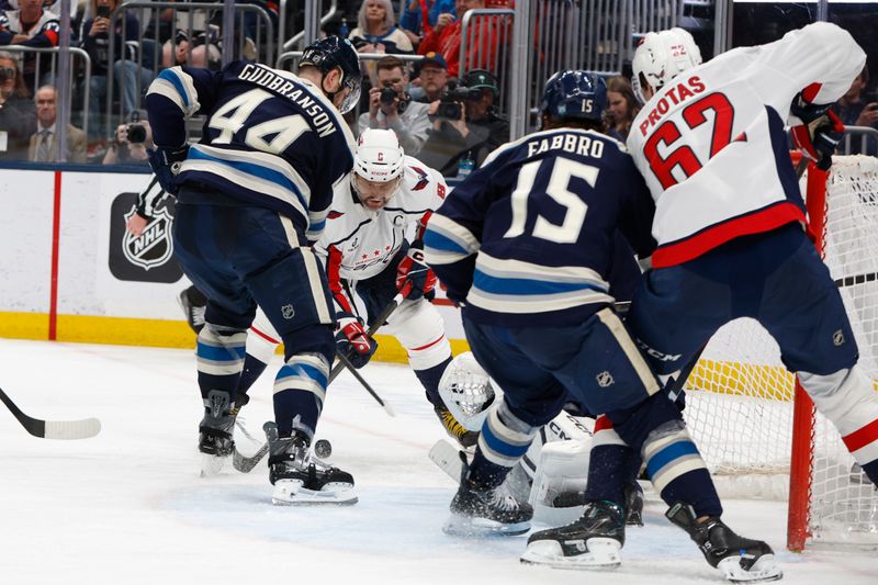 Apr 14, 2026; Columbus, Ohio, USA; Washington Capitals left wing Alex Ovechkin (8) looks for a rebound of a Columbus Blue Jackets goalie Jet Greaves (73) save during the third period at Nationwide Arena. Mandatory Credit: Russell LaBounty-Imagn Images