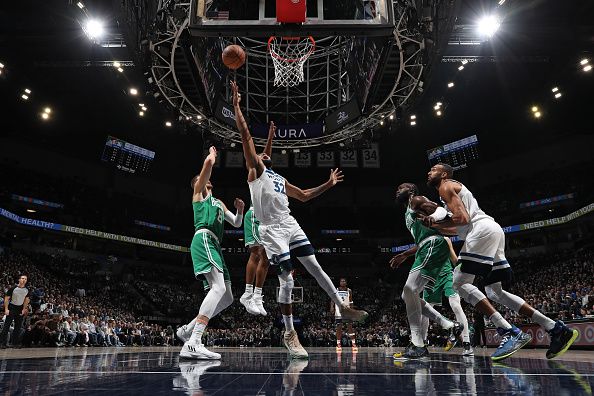 MINNEAPOLIS, MN -  NOVEMBER 6:  Karl-Anthony Towns #32 of the Minnesota Timberwolves drives to the basket during the game against the Boston Celtics on November 6, 2023 at Target Center in Minneapolis, Minnesota. NOTE TO USER: User expressly acknowledges and agrees that, by downloading and or using this Photograph, user is consenting to the terms and conditions of the Getty Images License Agreement. Mandatory Copyright Notice: Copyright 2023 NBAE (Photo by Jordan Johnson/NBAE via Getty Images)