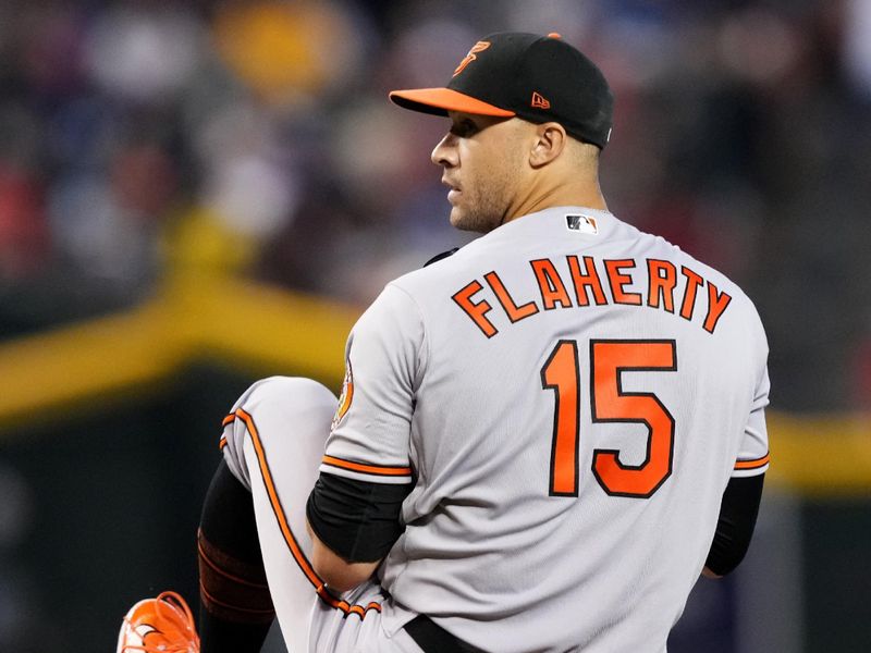 Sep 3, 2023; Phoenix, Arizona, USA; Baltimore Orioles starting pitcher Jack Flaherty (15) pitches against the Arizona Diamondbacks at Chase Field. Mandatory Credit: Joe Camporeale-USA TODAY Sports