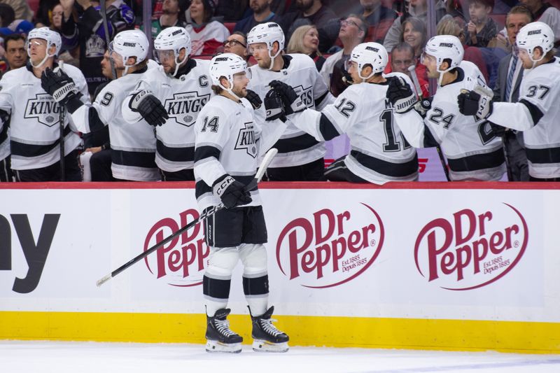 Nov 15, 2025; Ottawa, Ontario, CAN; Los Angeles Kings right wing Alex Lafreniere (12) celebrates with team his goal scored in the first period against the  Ottawa Senators at the Canadian Tire Centre. Mandatory Credit: Marc DesRosiers-IMAGN Images