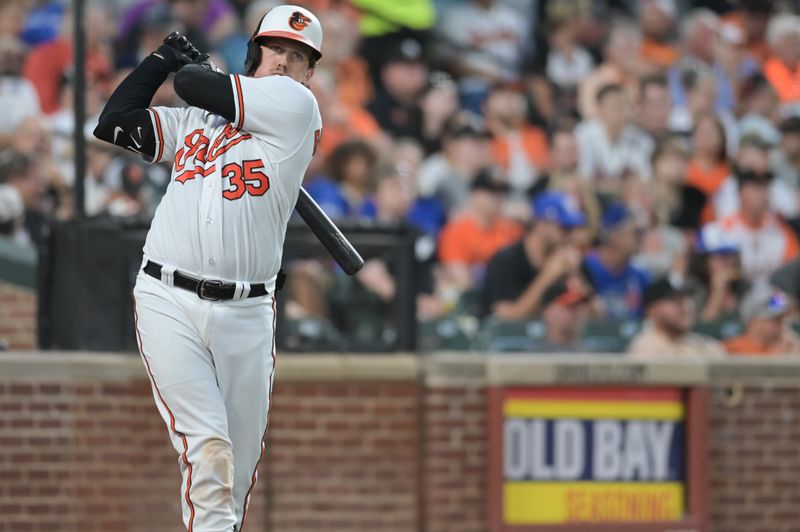 Aug 23, 2023; Baltimore, Maryland, USA;  Baltimore Orioles catcher Adley Rutschman (35) swings while on the on deck circle during the second inning against the Toronto Blue Jays at Oriole Park at Camden Yards. Mandatory Credit: Tommy Gilligan-USA TODAY Sports