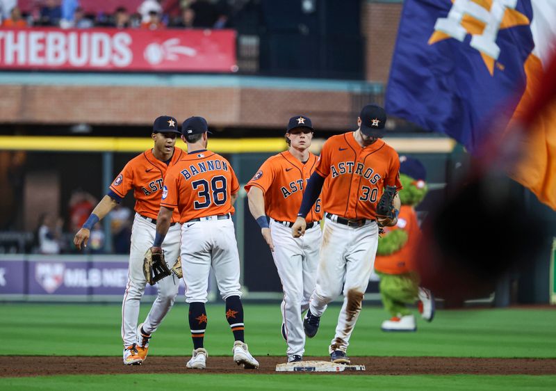 Apr 30, 2023; Houston, Texas, USA; Houston Astros shortstop Jeremy Pena (3) and center fielder Jake Meyers (6) celebrate with teammates after the Astros defeated the Philadelphia Phillies at Minute Maid Park. Mandatory Credit: Troy Taormina-USA TODAY Sports