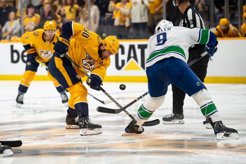 May 3, 2024; Nashville, Tennessee, USA; Nashville Predators center Ryan O'Reilly (90) and Vancouver Canucks center J.T. Miller (9) face off during the first period in game six of the first round of the 2024 Stanley Cup Playoffs at Bridgestone Arena. Mandatory Credit: Steve Roberts-USA TODAY Sports