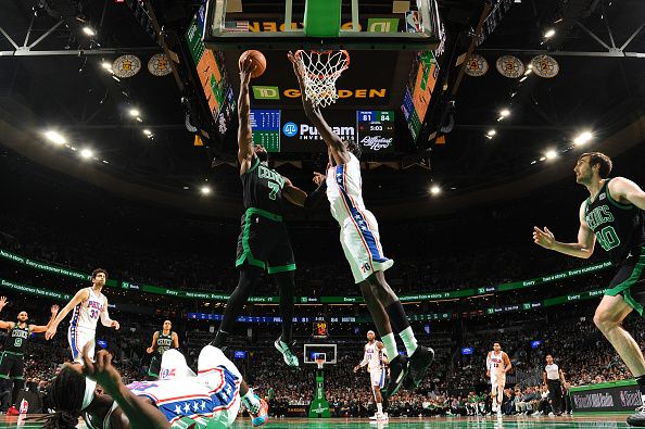 BOSTON, MA - DECEMBER 1: Jaylen Brown #7 of the Boston Celtics drives to the basket during the game against the Philadelphia 76ers on December 1, 2023 at the TD Garden in Boston, Massachusetts. NOTE TO USER: User expressly acknowledges and agrees that, by downloading and or using this photograph, User is consenting to the terms and conditions of the Getty Images License Agreement. Mandatory Copyright Notice: Copyright 2023 NBAE  (Photo by Brian Babineau/NBAE via Getty Images)