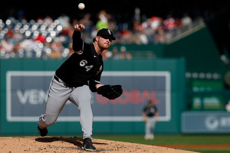 Sep 28, 2025; Washington, District of Columbia, USA; Chicago White Sox pitcher Shane Smith (64) pitches against the Washington Nationals during the third inning at Nationals Park. Mandatory Credit: Geoff Burke-Imagn Images