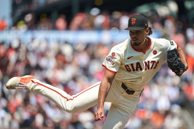 Jul 28, 2024; San Francisco, California, USA; San Francisco Giants pitcher Jordan Hicks (12) follows through after throwing a pitch against the Colorado Rockies during the sixth inning at Oracle Park. Mandatory Credit: Robert Edwards-USA TODAY Sports