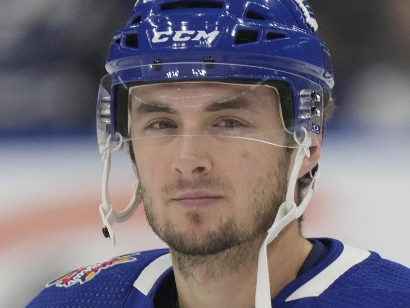 Nov 6, 2023; Toronto, Ontario, CAN; Toronto Maple Leafs defenseman Max Lajoie (48) during warm up before a gmae against the Tampa Bay Lightning at Scotiabank Arena. Mandatory Credit: John E. Sokolowski-USA TODAY Sports