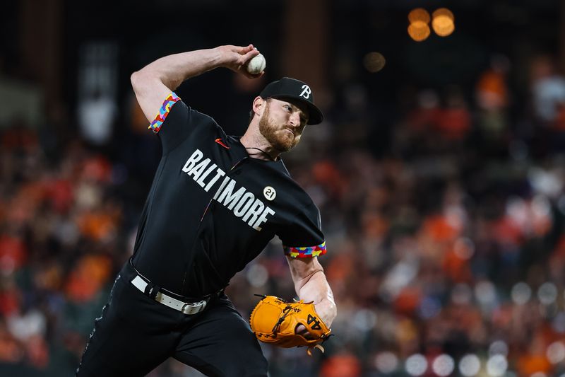 Sep 15, 2023; Baltimore, Maryland, USA; Baltimore Orioles relief pitcher Bryan Baker (43) pitches against the Tampa Bay Rays during the seventh inning at Oriole Park at Camden Yards. Mandatory Credit: Scott Taetsch-USA TODAY Sports