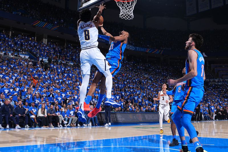 OKLAHOMA CITY, OK - MAY 18: Peyton Watson #8 of the Denver Nuggets plays defense during the game against the Oklahoma City Thunder during Round 2 Game 7 of the 2025 NBA Playoffs on May 18, 2025 at Paycom Center in Oklahoma City, Oklahoma. NOTE TO USER: User expressly acknowledges and agrees that, by downloading and or using this photograph, User is consenting to the terms and conditions of the Getty Images License Agreement. Mandatory Copyright Notice: Copyright 2025 NBAE(Photo by Garrett Ellwood/NBAE via Getty Images)