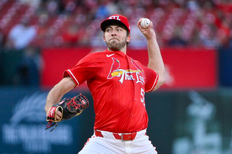 Apr 25, 2025; St. Louis, Missouri, USA;  St. Louis Cardinals starting pitcher Matthew Liberatore (52) pitches against the Milwaukee Brewers during the first inning at Busch Stadium. Mandatory Credit: Jeff Curry-Imagn Images