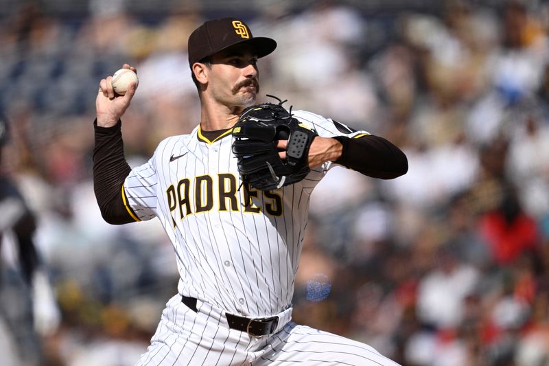 Jul 13, 2024; San Diego, California, USA; San Diego Padres starting pitcher Dylan Cease (84) pitches against the Atlanta Braves during the first inning at Petco Park. Mandatory Credit: Orlando Ramirez-USA TODAY Sports 