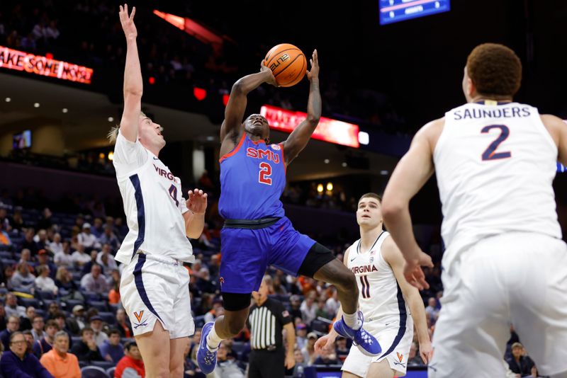 Jan 15, 2025; Charlottesville, Virginia, USA; Southern Methodist Mustangs guard Boopie Miller (2) shoots the ball as Virginia Cavaliers guard Andrew Rohde (4) defends during the first half at John Paul Jones Arena. Mandatory Credit: Amber Searls-Imagn Images