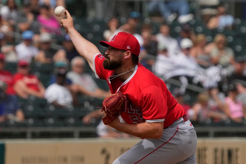 Mar 23, 2024; Mesa, Arizona, USA; Los Angeles Angels pitcher Kenyon Yovan (52) throws against the Oakland Athletics in the second inning at Hohokam Stadium. Mandatory Credit: Rick Scuteri-USA TODAY Sports