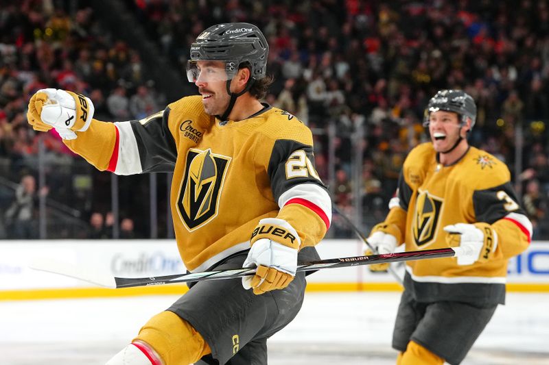 Feb 6, 2024; Las Vegas, Nevada, USA; Vegas Golden Knights center Chandler Stephenson (20) celebrates after scoring a goal against the Edmonton Oilers during the third period at T-Mobile Arena. Mandatory Credit: Stephen R. Sylvanie-USA TODAY Sports