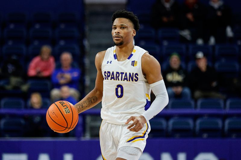 Jan 13, 2024; Colorado Springs, Colorado, USA; San Jose State Spartans guard Myron Amey Jr. (0) controls the ball in the second half against the Air Force Falcons at Clune Arena. Mandatory Credit: Isaiah J. Downing-USA TODAY Sports