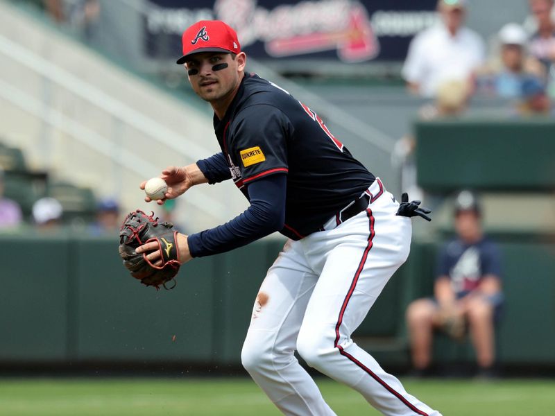 Mar 1, 2025; North Port, Florida, USA;  Atlanta Braves third base Austin Riley (27) throws the ball to first base for an out during the first inning against the Toronto Blue Jays at CoolToday Park. Mandatory Credit: Kim Klement Neitzel-Imagn Images