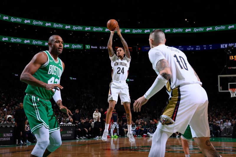 BOSTON, MA - JANUARY 12: Jordan Hawkins #24 of the New Orleans Pelicans shoots the ball during the game against the Boston Celtics on January 12, 2025 at TD Garden in Boston, Massachusetts. NOTE TO USER: User expressly acknowledges and agrees that, by downloading and/or using this Photograph, user is consenting to the terms and conditions of the Getty Images License Agreement. Mandatory Copyright Notice: Copyright 2025 NBAE (Photo by Brian Babineau/NBAE via Getty Images)