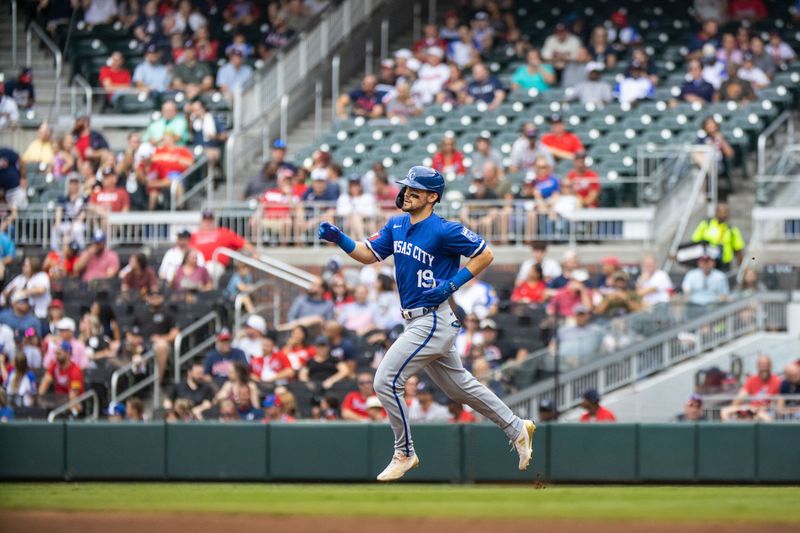 Sep 29, 2024; Cumberland, Georgia, USA; Kansas City Royals second baseman Michael Massey (19) runs the bases after hitting a home run against Atlanta Braves during the first inning at Truist Park. Mandatory Credit: Jordan Godfree-Imagn Images