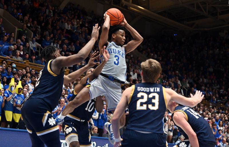 Feb 14, 2023; Durham, North Carolina, USA;  Duke Blue Devils guard Jeremy Roach (3) looks to pass as Notre Dame Fighting Irish guard Marcus Hammond (10) and forward Ven-Allen Lubin (2) defend during the second half at Cameron Indoor Stadium.  The Blue Devils won 68-64. Mandatory Credit: Rob Kinnan-USA TODAY Sports