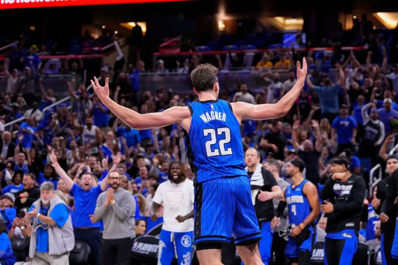 ORLANDO, FLORIDA - APRIL 25: Franz Wagner #22 of the Orlando Magic celebrates scoring against the Cleveland Cavaliers during the first quarter of game three of the Eastern Conference First Round Playoffs at Kia Center on April 25, 2024 in Orlando, Florida. NOTE TO USER: User expressly acknowledges and agrees that, by downloading and or using this photograph, User is consenting to the terms and conditions of the Getty Images License Agreement. (Photo by Rich Storry/Getty Images)