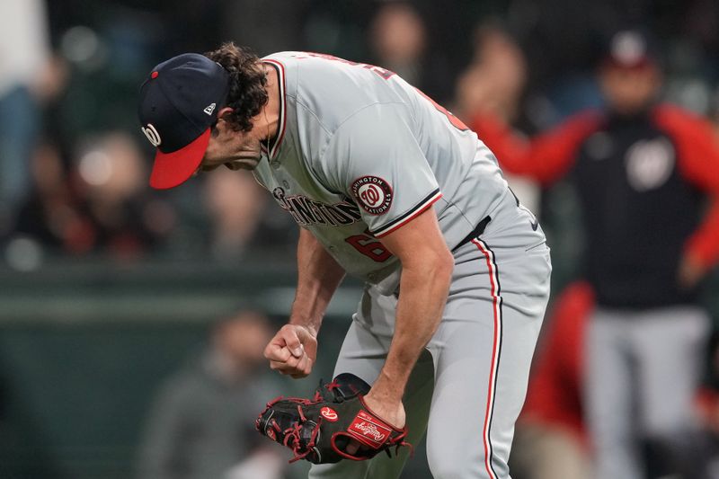 Apr 9, 2024; San Francisco, California, USA; Washington Nationals pitcher Kyle Finnegan (67) reacts after defeating the San Francisco Giants at Oracle Park. Mandatory Credit: Darren Yamashita-USA TODAY Sports