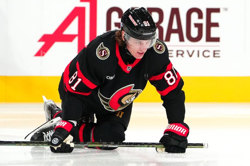 Oct 25, 2024; Las Vegas, Nevada, USA; Ottawa Senators right wing Adam Gaudette (81) warms up before a game against the Vegas Golden Knights at T-Mobile Arena. Mandatory Credit: Stephen R. Sylvanie-Imagn Images