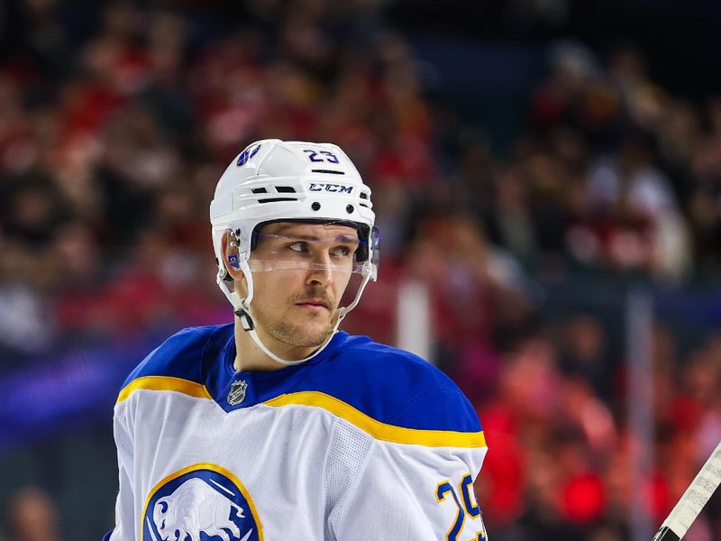 Jan 23, 2025; Calgary, Alberta, CAN; Buffalo Sabres left wing Beck Malenstyn (29) against the Calgary Flames during the first period at Scotiabank Saddledome. Mandatory Credit: Sergei Belski-Imagn Images