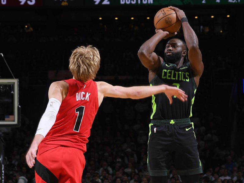 BOSTON, MA - NOVEMBER 16: Jaylen Brown #7 of the Boston Celtics shoots the ball during the game against the Toronto Raptors on November 16, 2024 at TD Garden in Boston, Massachusetts. NOTE TO USER: User expressly acknowledges and agrees that, by downloading and/or using this Photograph, user is consenting to the terms and conditions of the Getty Images License Agreement. Mandatory Copyright Notice: Copyright 2024 NBAE (Photo by Brian Babineau/NBAE via Getty Images)