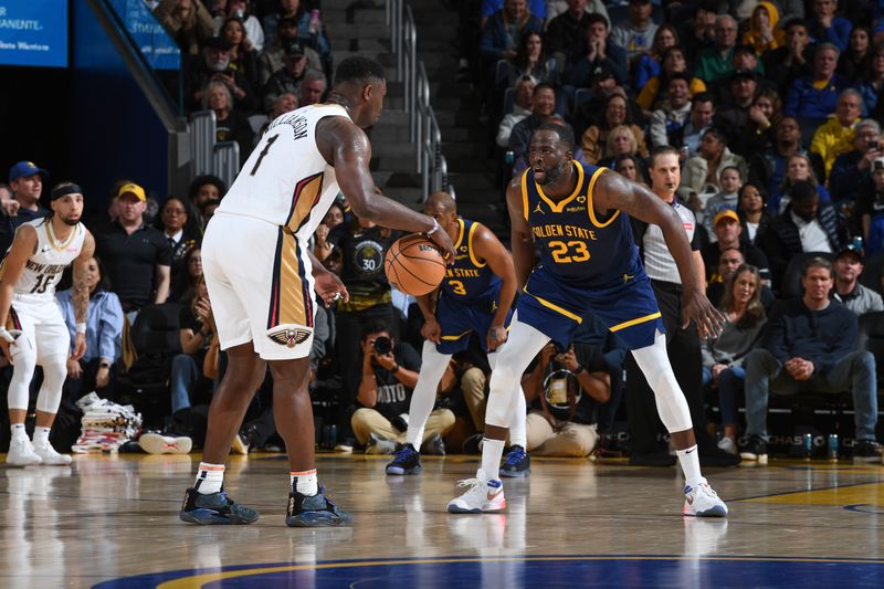 SAN FRANCISCO, CA - APRIL 12:  Draymond Green #23 of the Golden State Warriors plays defense during the game  against Zion Williamson #1 of the New Orleans Pelicans on April 12, 2024 at Chase Center in San Francisco, California. NOTE TO USER: User expressly acknowledges and agrees that, by downloading and or using this photograph, user is consenting to the terms and conditions of Getty Images License Agreement. Mandatory Copyright Notice: Copyright 2024 NBAE (Photo by Noah Graham/NBAE via Getty Images)