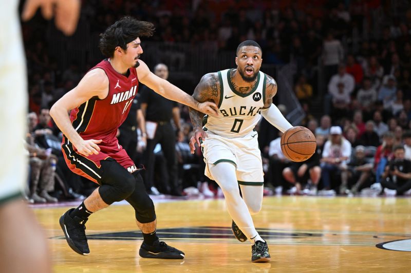 MIAMI, FL - NOVEMBER 26:  Damian Lillard #0 of the Milwaukee Bucks dribbles the ball during an NBA Cup game against the Miami Heat on November 26, 2024 at Kaseya Center in Miami, Florida. NOTE TO USER: User expressly acknowledges and agrees that, by downloading and or using this Photograph, user is consenting to the terms and conditions of the Getty Images License Agreement. Mandatory Copyright Notice: Copyright 2024 NBAE (Photo by Chris Tilley/NBAE via Getty Images)