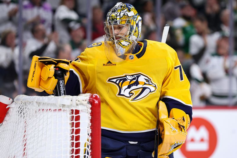 Nov 30, 2024; Saint Paul, Minnesota, USA; Nashville Predators goaltender Juuse Saros (74) reacts to Minnesota Wild left wing Kirill Kaprizov's (97) goal during the second period at Xcel Energy Center. Mandatory Credit: Matt Krohn-Imagn Images