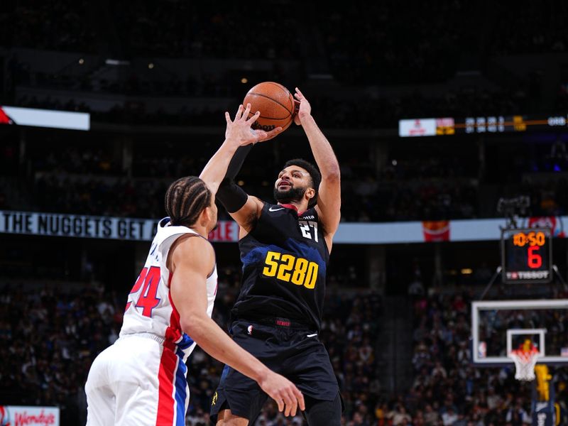 DENVER, CO - JANUARY 7: Jamal Murray #27 of the Denver Nuggets shoots the ball during the game against the Detroit Pistons on January 7, 2024 at the Ball Arena in Denver, Colorado. NOTE TO USER: User expressly acknowledges and agrees that, by downloading and/or using this Photograph, user is consenting to the terms and conditions of the Getty Images License Agreement. Mandatory Copyright Notice: Copyright 2024 NBAE (Photo by Garrett Ellwood/NBAE via Getty Images)