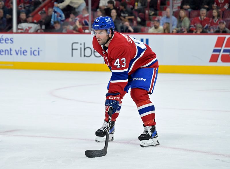 Sep 24, 2024; Montreal, Quebec, CAN; Montreal Canadiens forward Xavier Simoneau (43) prepares for a face off  against the New Jersey Devils during the second period at the Bell Centre. Mandatory Credit: Eric Bolte-Imagn Images