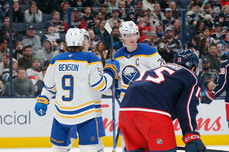 Apr 10, 2025; Columbus, Ohio, USA; Buffalo Sabres defenseman Rasmus Dahlin (26) celebrates his goal against the Columbus Blue Jackets during the first period at Nationwide Arena. Mandatory Credit: Russell LaBounty-Imagn Images